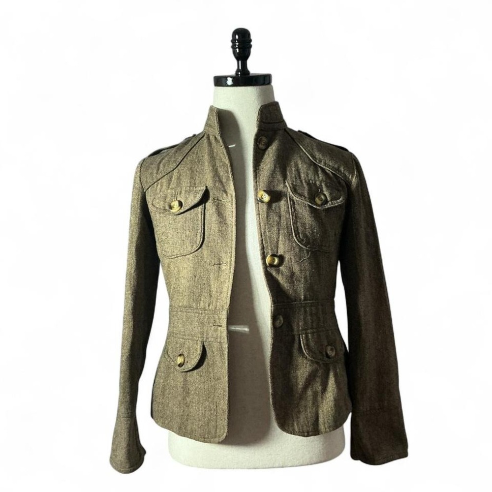 envision studio Military Style Button‎ Front Wool Jacket Brown Tweed Preppy